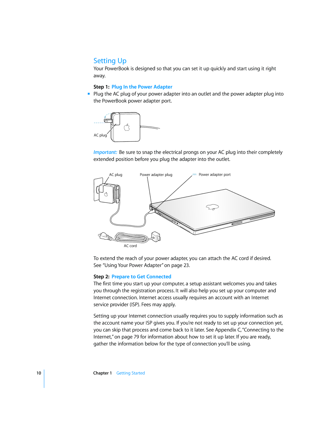 Apple G4 17-inch manual Setting Up, Plug In the Power Adapter, Prepare to Get Connected 