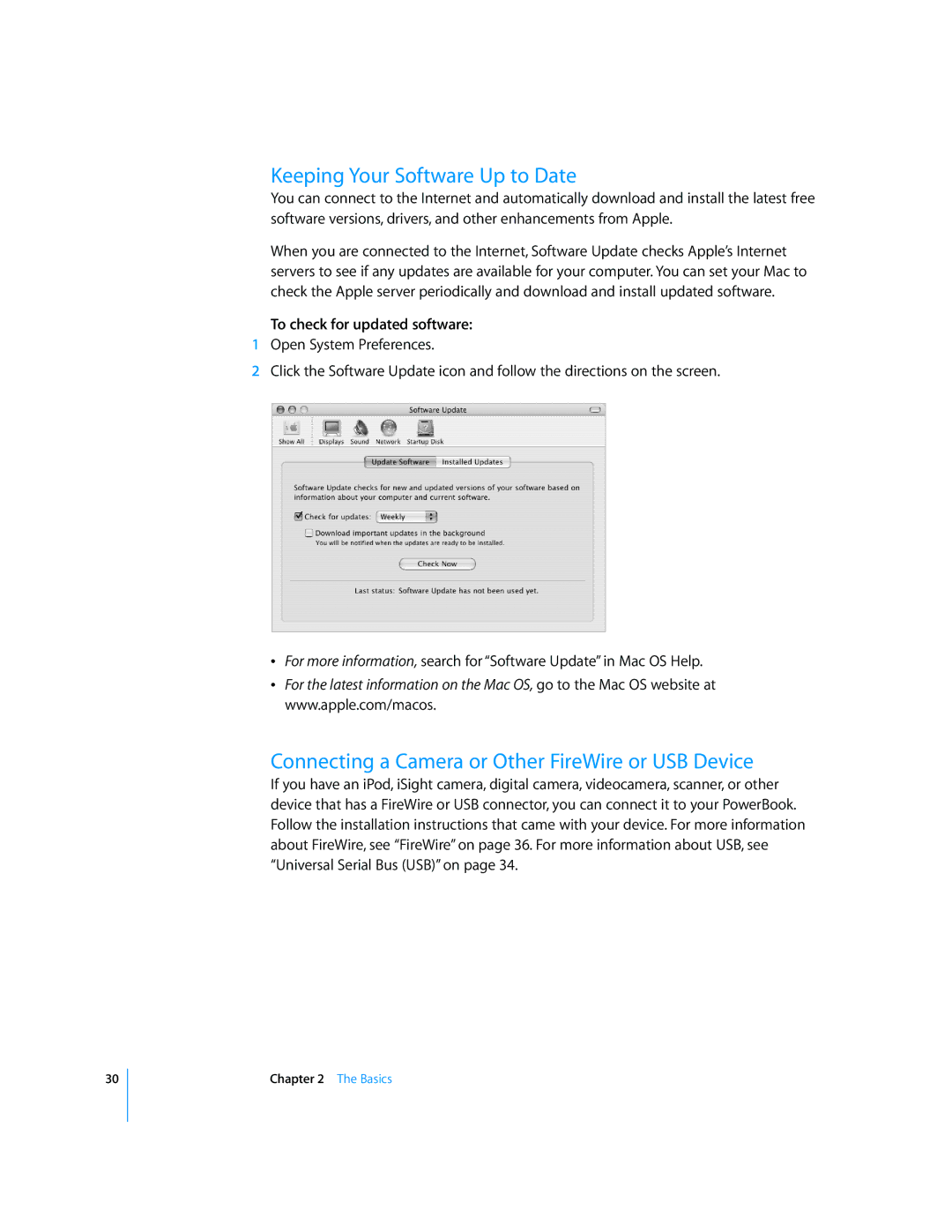 Apple G4 17-inch manual Keeping Your Software Up to Date, Connecting a Camera or Other FireWire or USB Device 