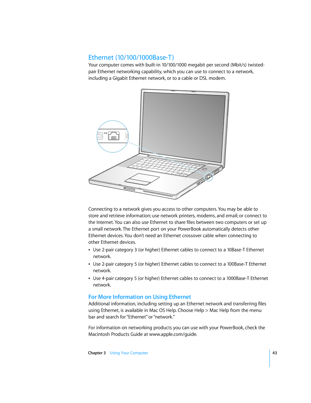 Apple G4 17-inch manual Ethernet 10/100/1000Base-T, For More Information on Using Ethernet 