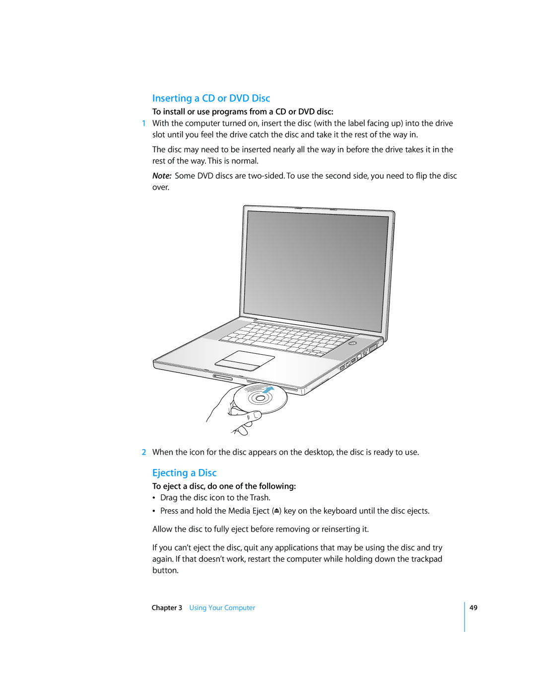 Apple G4 17-inch manual Inserting a CD or DVD Disc, Ejecting a Disc, To install or use programs from a CD or DVD disc 