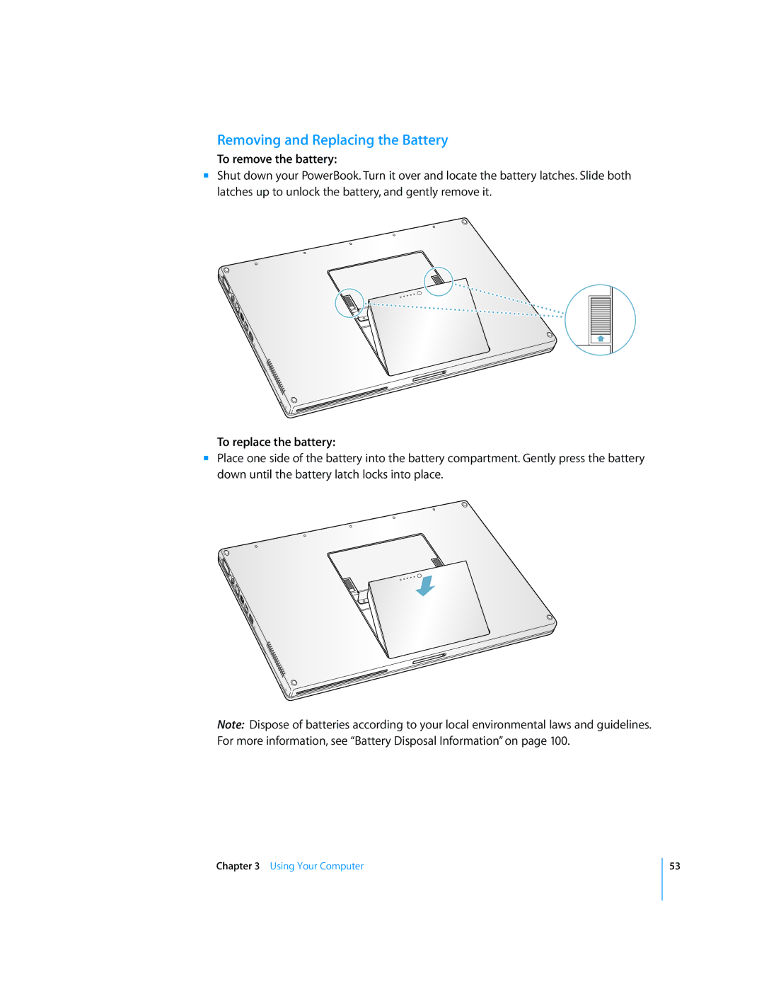 Apple G4 17-inch manual Removing and Replacing the Battery, To remove the battery, To replace the battery 