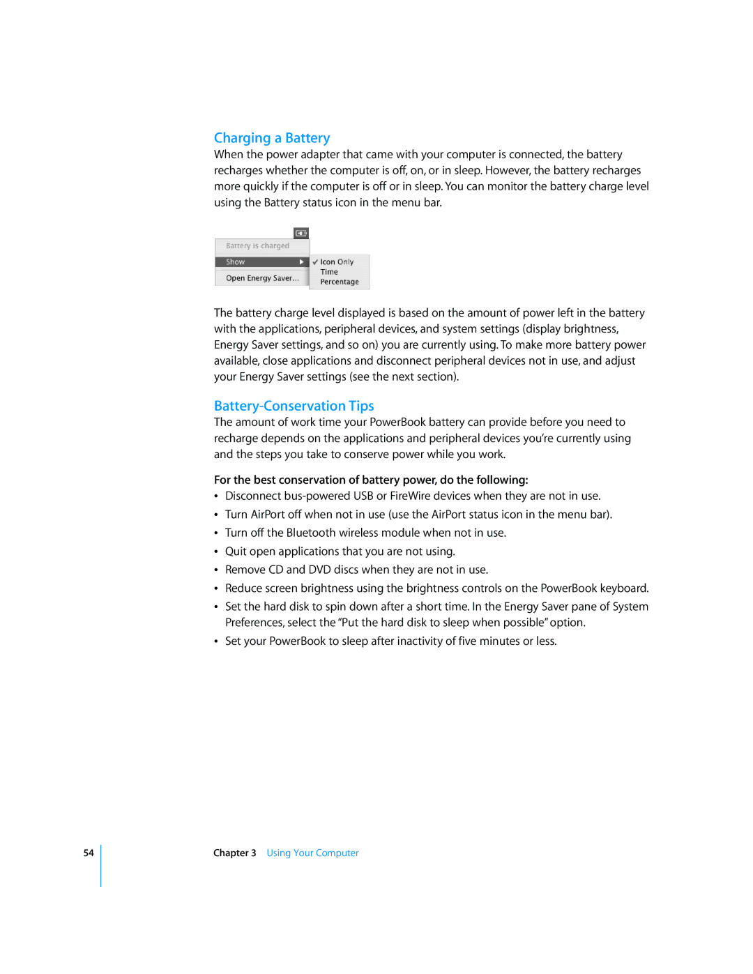 Apple G4 17-inch manual Charging a Battery, Battery-Conservation Tips 