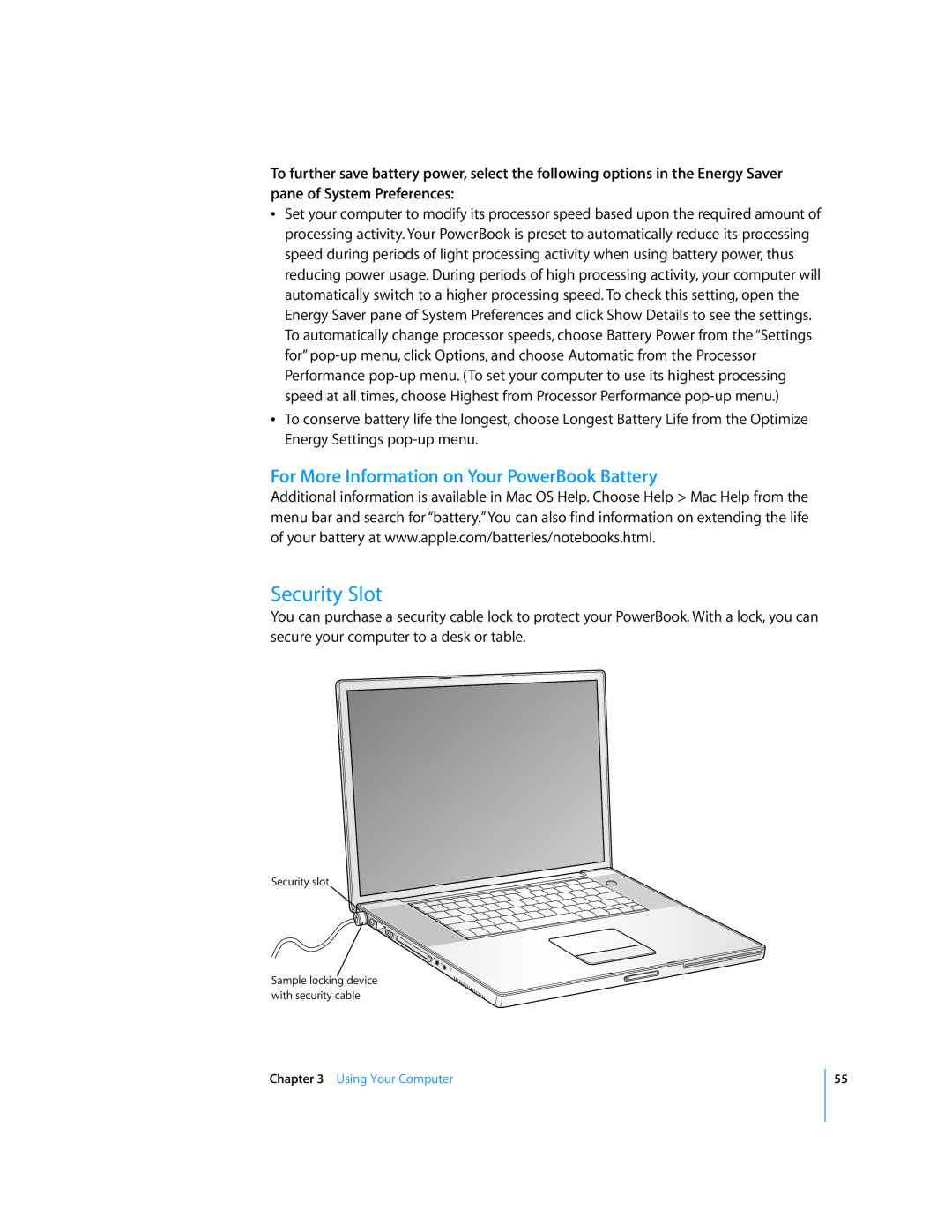 Apple G4 17-inch manual Security Slot, For More Information on Your PowerBook Battery 