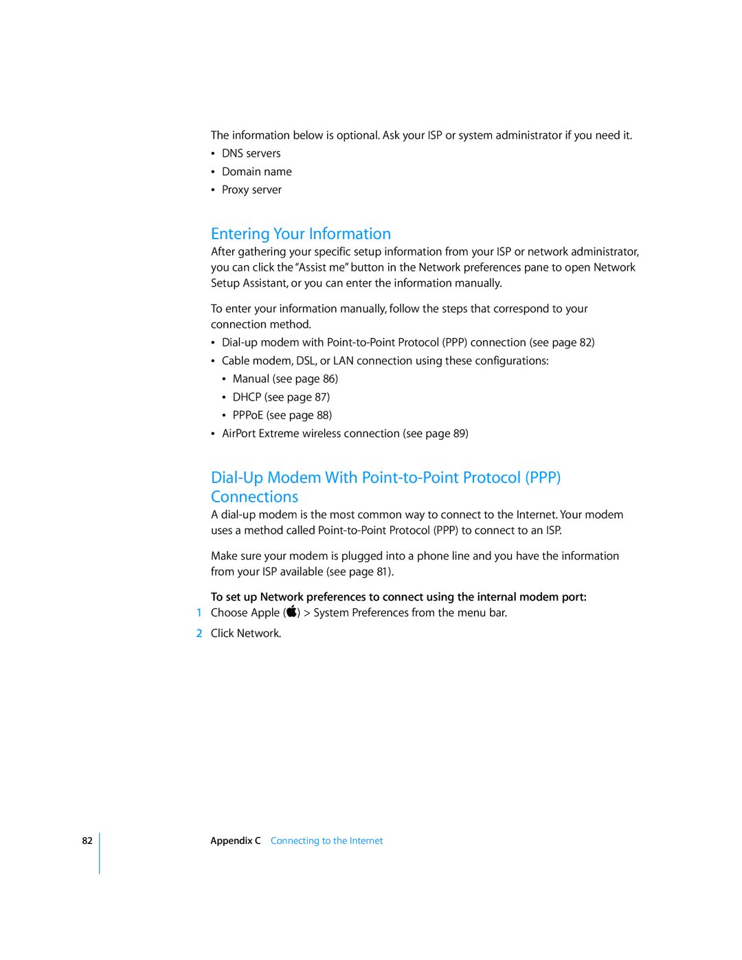 Apple G4 17-inch manual Entering Your Information, Dial-Up Modem With Point-to-Point Protocol PPP Connections 