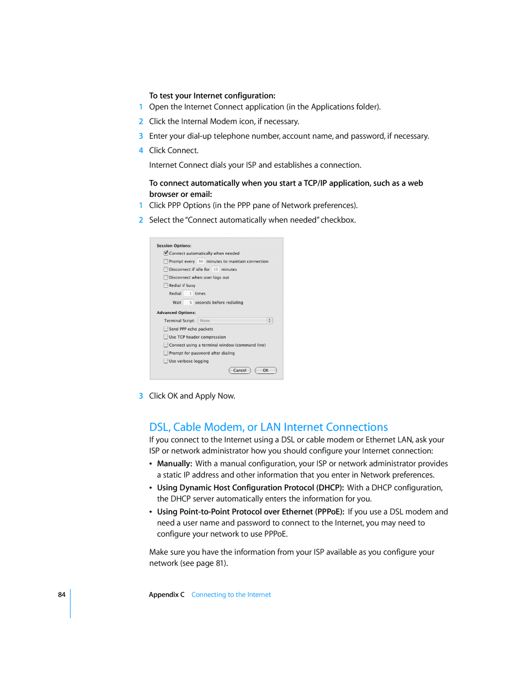 Apple G4 17-inch manual DSL, Cable Modem, or LAN Internet Connections, To test your Internet configuration 