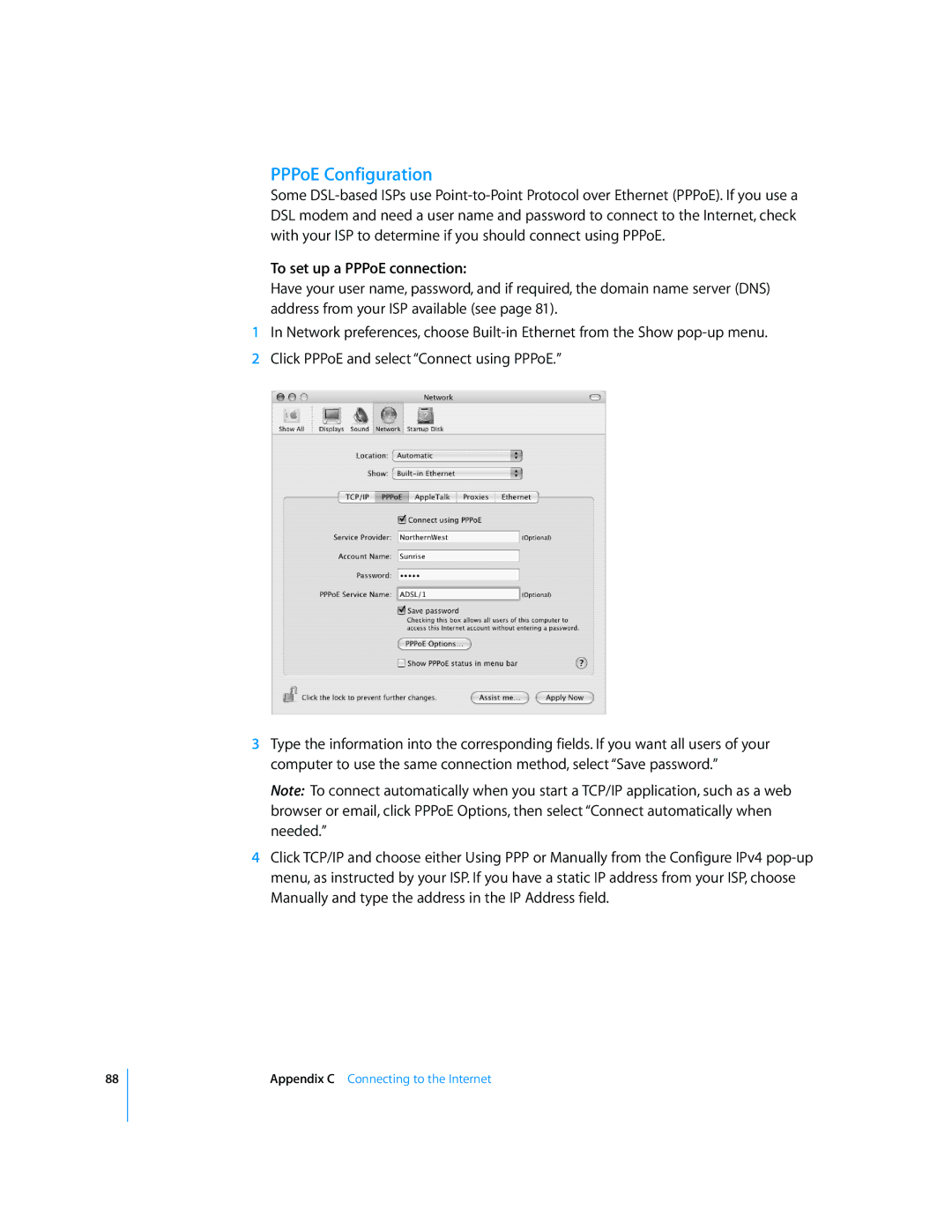 Apple G4 17-inch manual PPPoE Configuration, To set up a PPPoE connection 