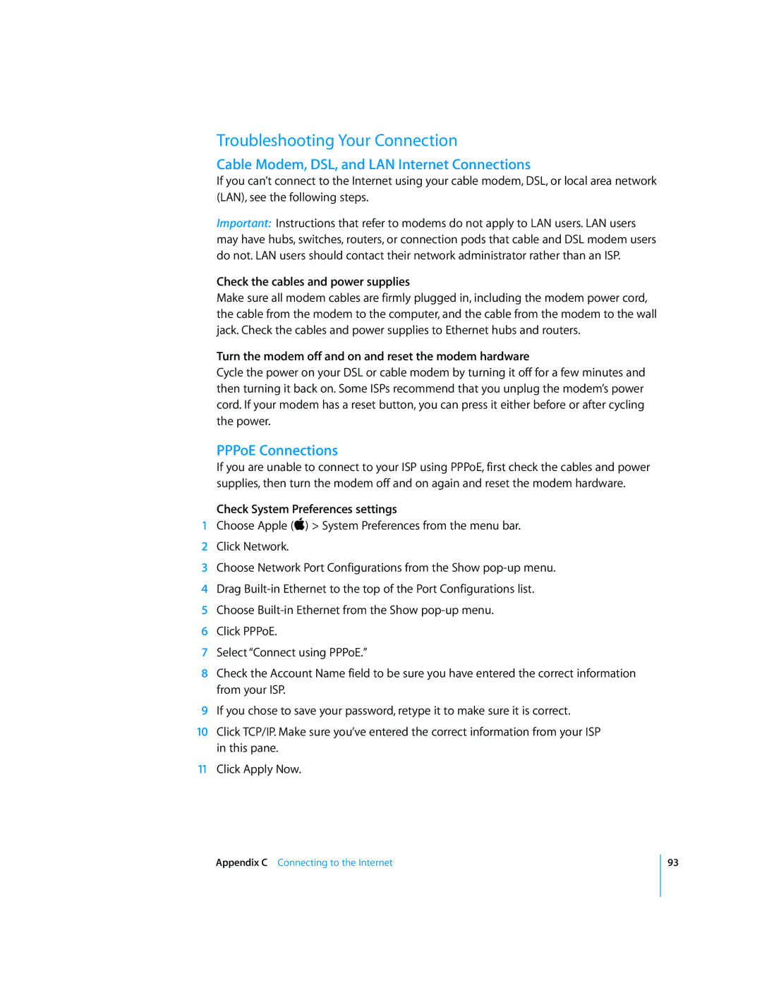 Apple G4 17-inch manual Troubleshooting Your Connection, Cable Modem, DSL, and LAN Internet Connections, PPPoE Connections 