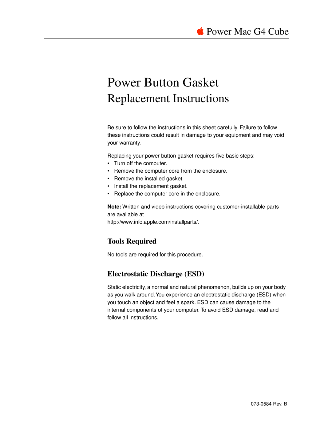 Apple 073-0584, G4 Cube warranty Tools Required, Electrostatic Discharge ESD 