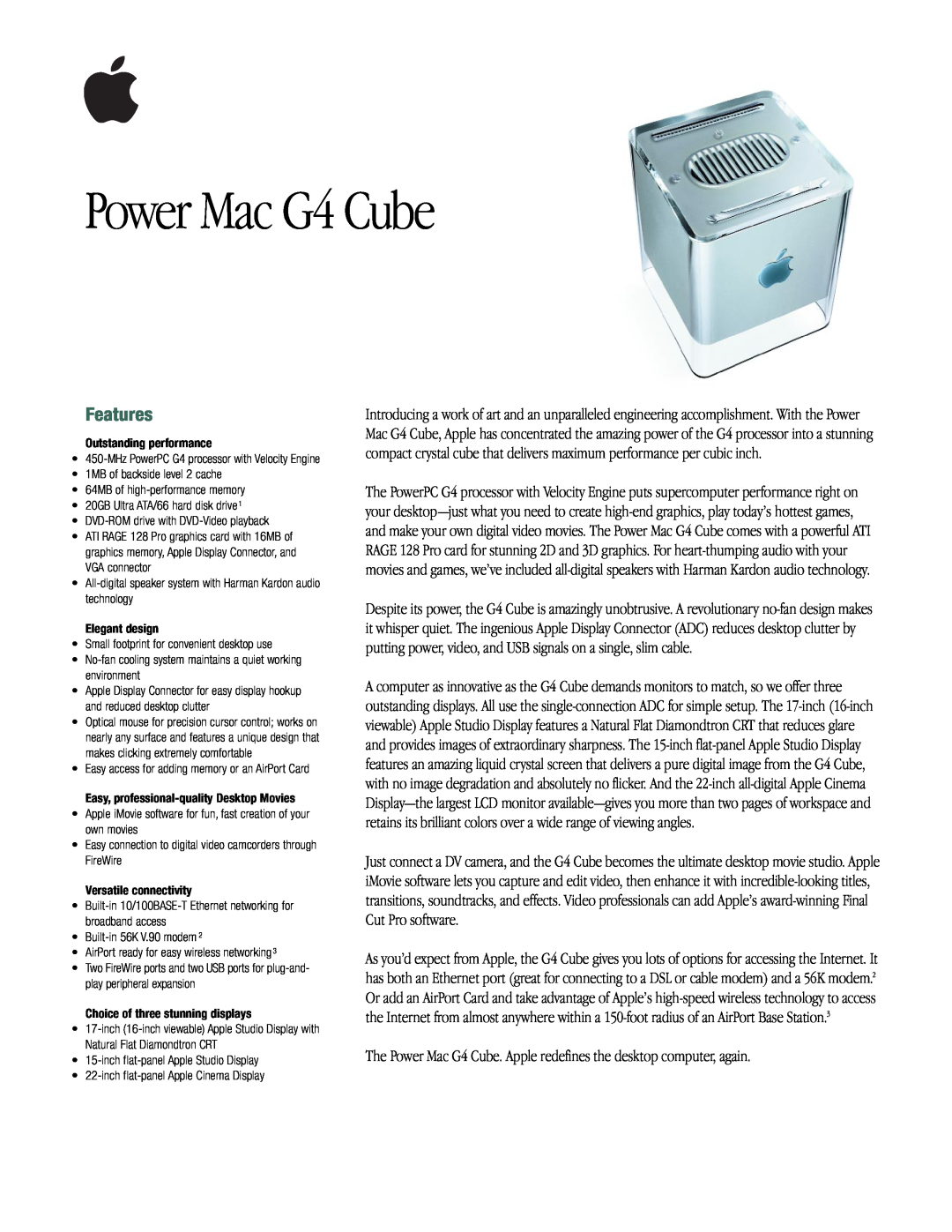 Apple manual Features, The Power Mac G4 Cube. Apple redefines the desktop computer, again 