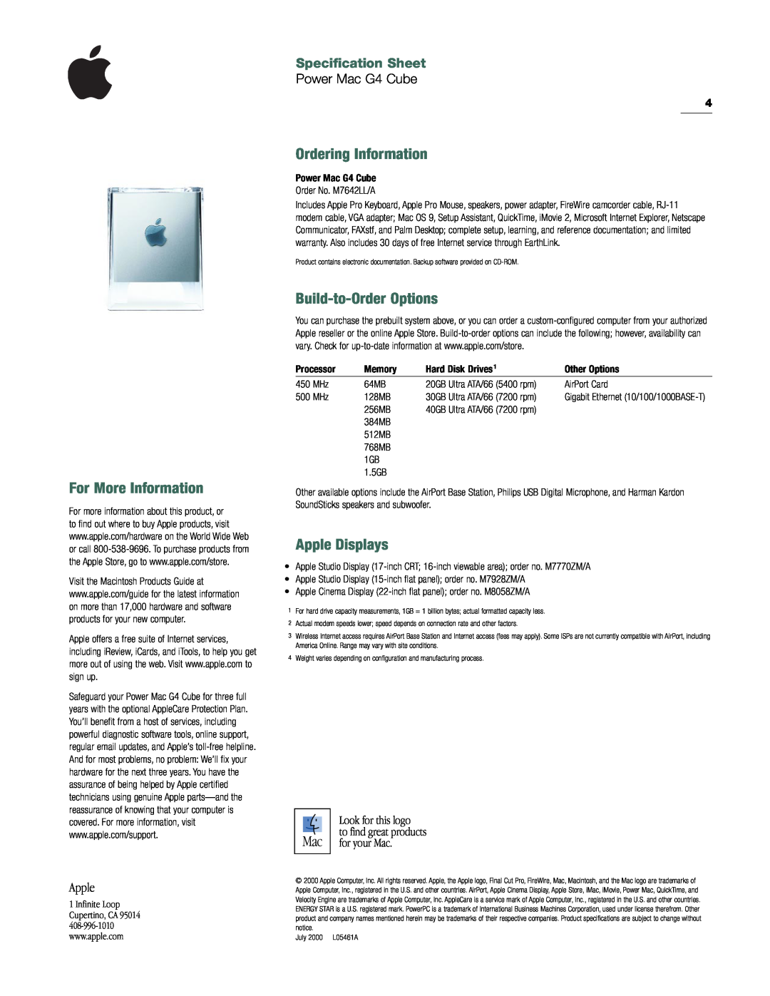 Apple G4 manual For More Information, Ordering Information, Build-to-Order Options, Apple Displays, Look for this logo 