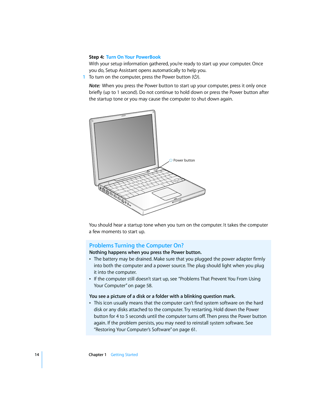 Apple G4 manual Problems Turning the Computer On?, Turn On Your PowerBook, Nothing happens when you press the Power button 