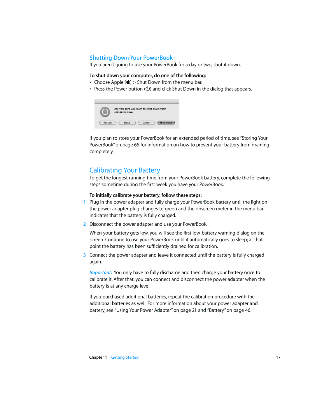 Apple G4 manual Calibrating Your Battery, Shutting Down Your PowerBook, To shut down your computer, do one of the following 