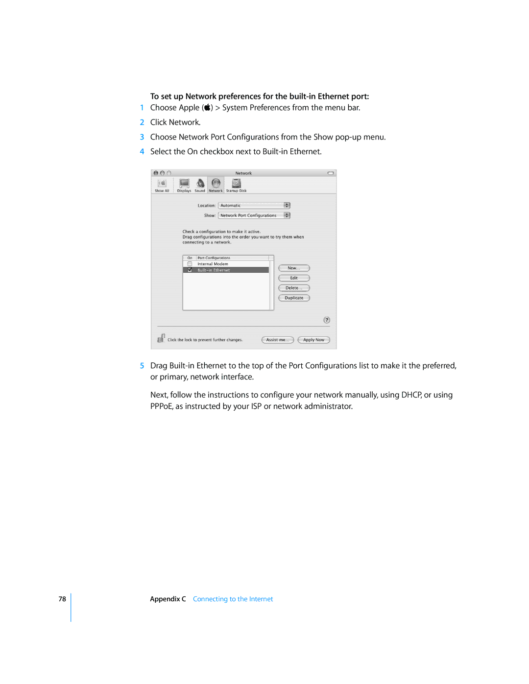 Apple G4 manual To set up Network preferences for the built-in Ethernet port 