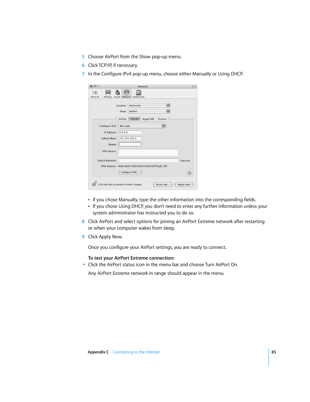 Apple G4 manual To test your AirPort Extreme connection 