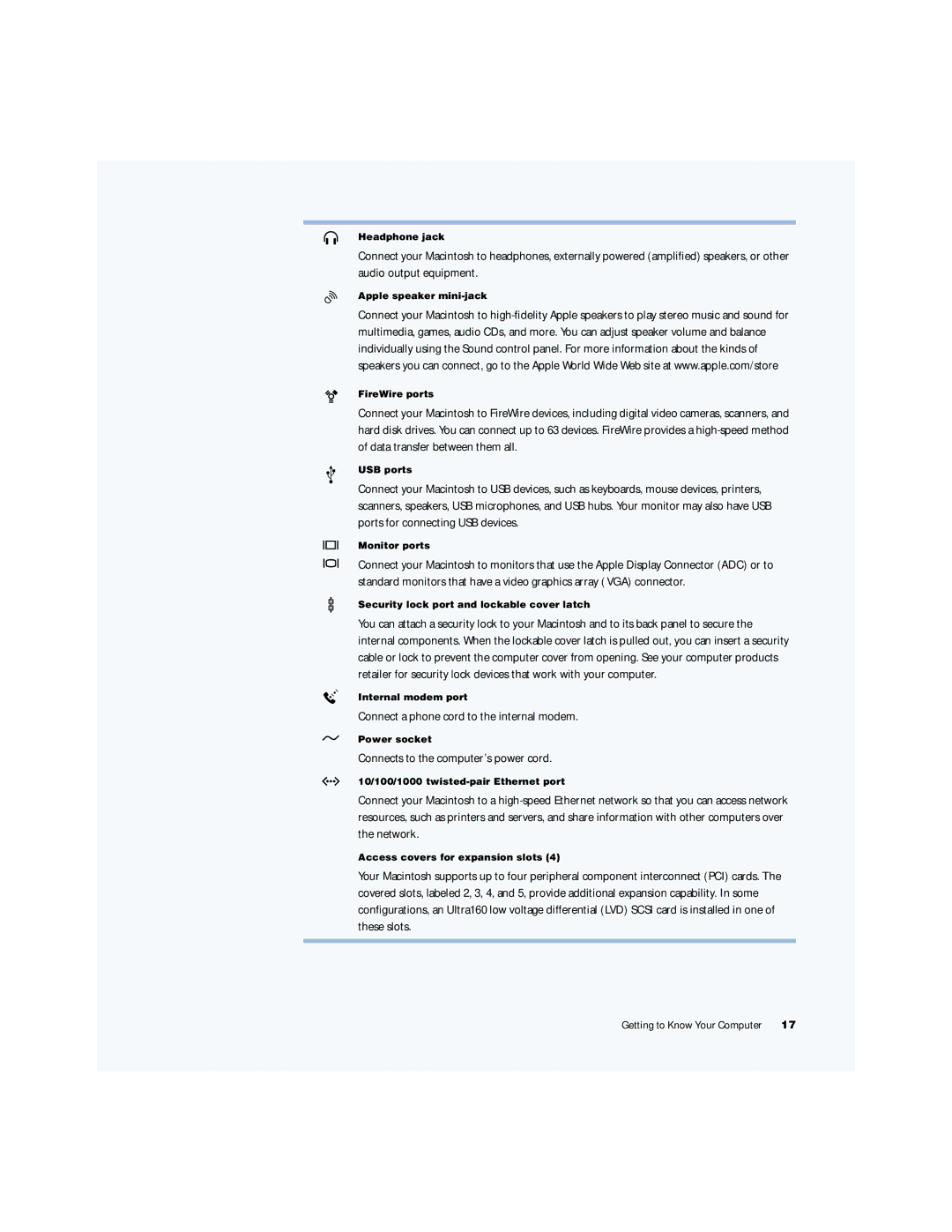 Apple G4 manual Connect a phone cord to the internal modem 