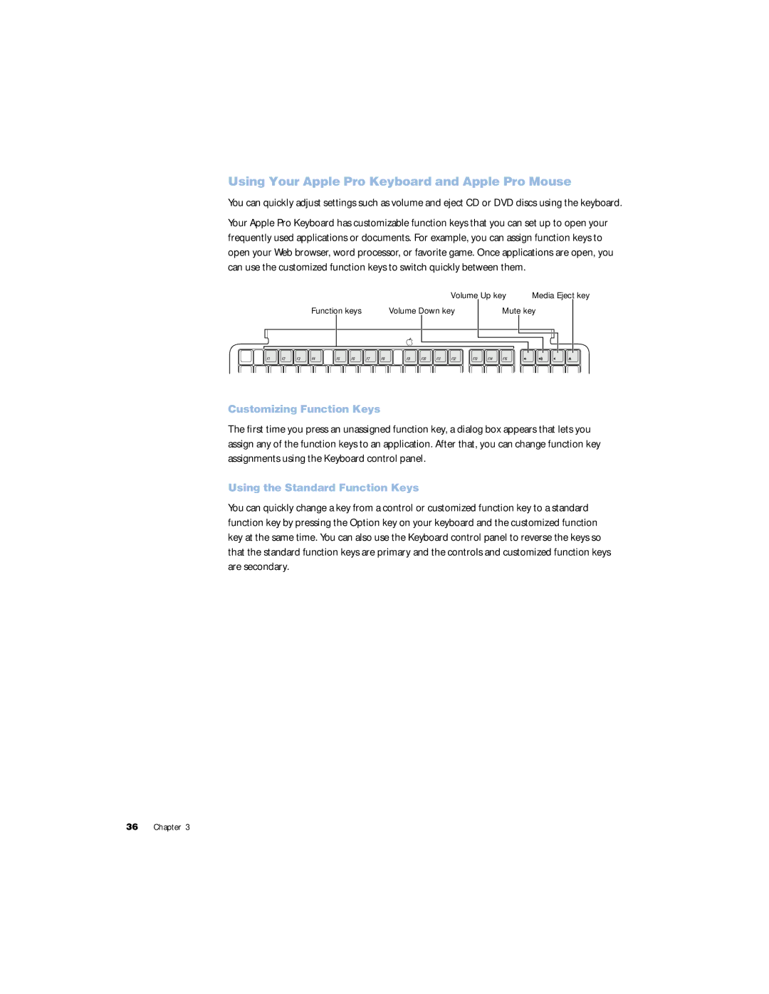 Apple G4 Using Your Apple Pro Keyboard and Apple Pro Mouse, Customizing Function Keys, Using the Standard Function Keys 