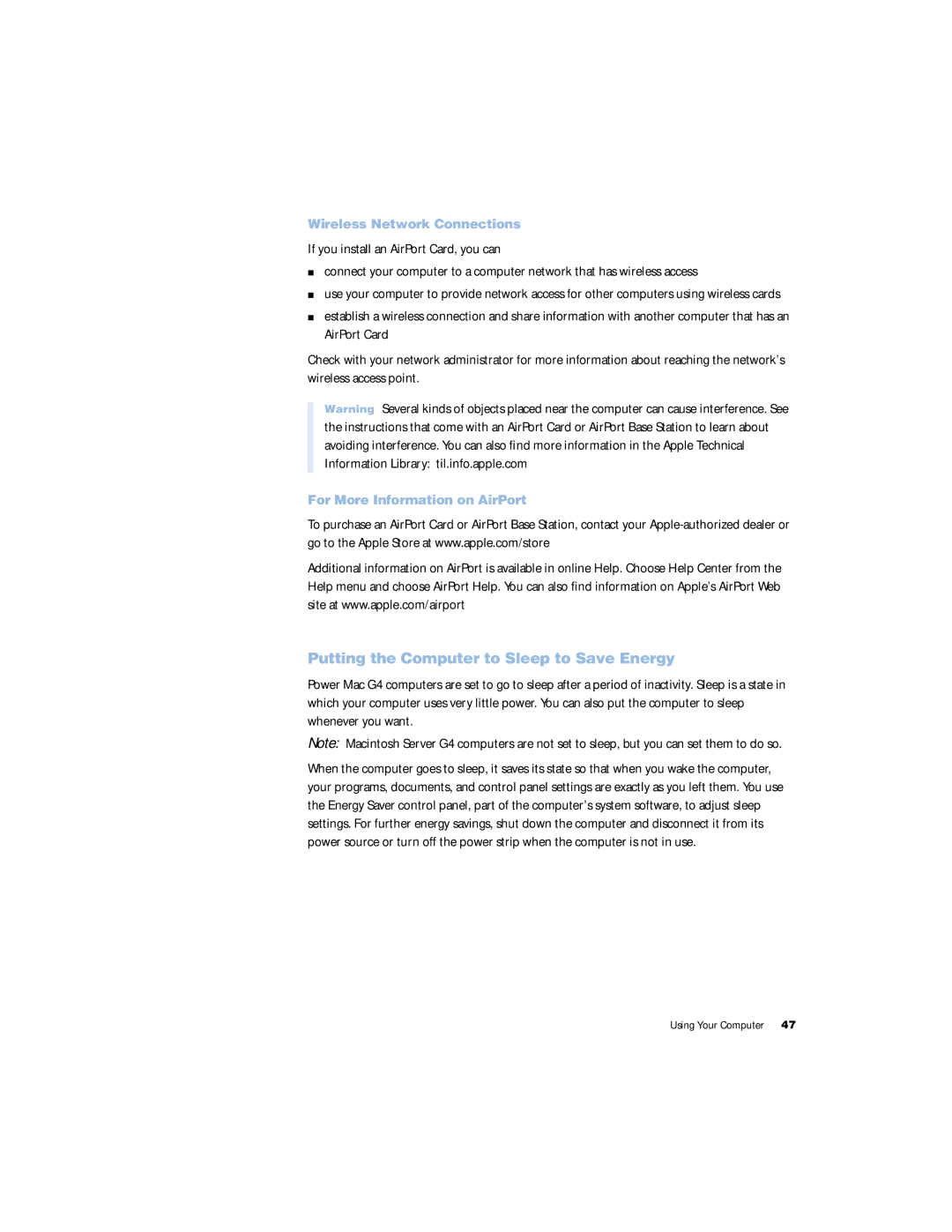 Apple G4 manual Putting the Computer to Sleep to Save Energy, Wireless Network Connections, For More Information on AirPort 