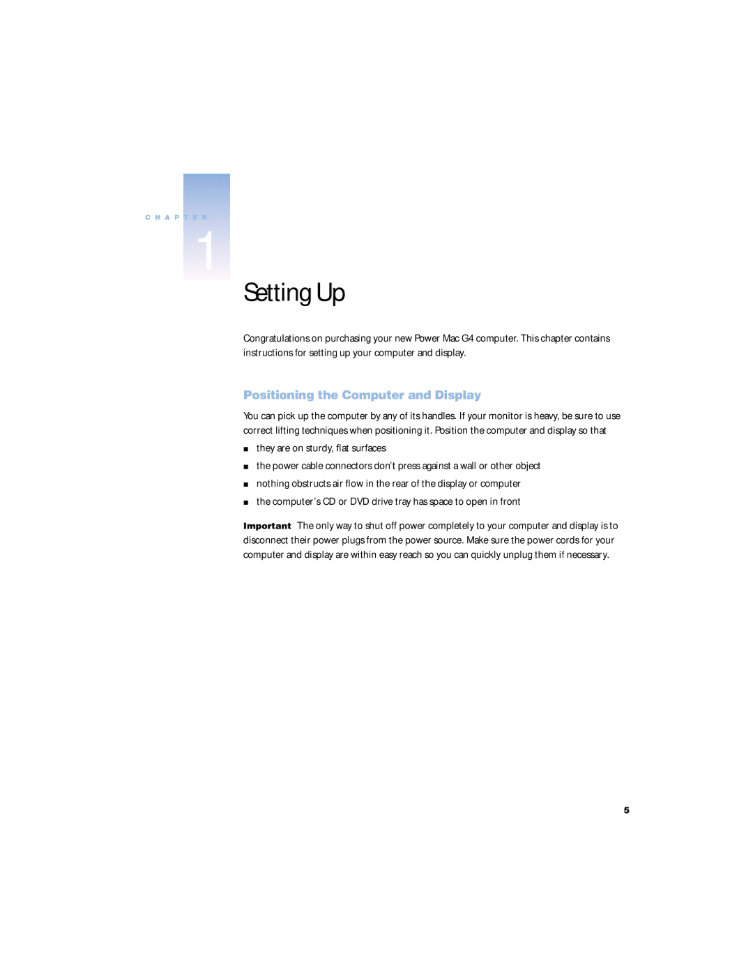 Apple G4 manual Setting Up, Positioning the Computer and Display 