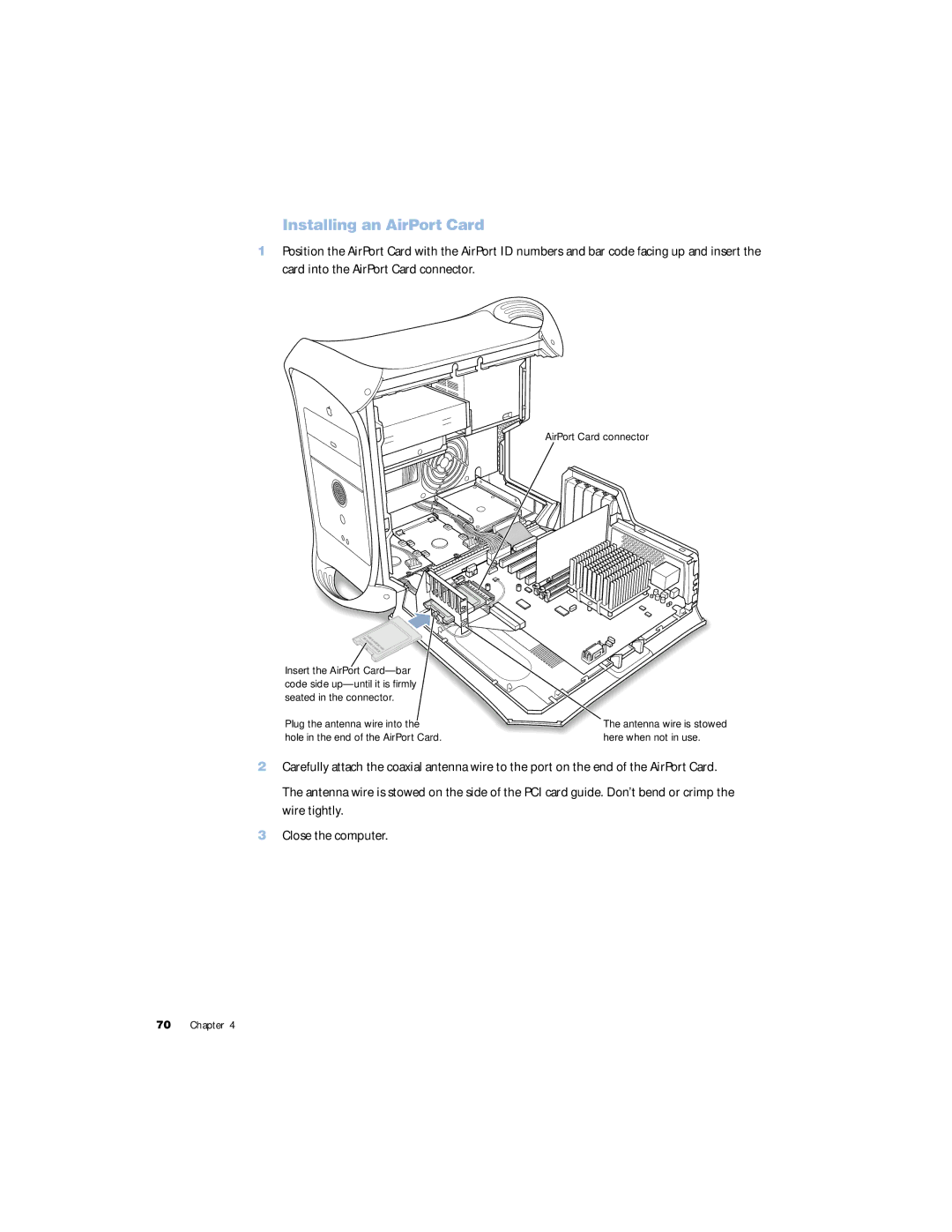 Apple G4 manual Installing an AirPort Card, AirPort Card connector 