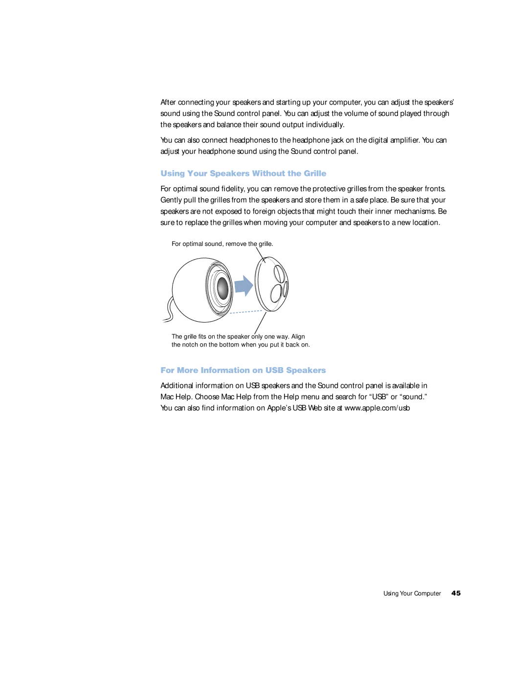 Apple G4 manual Using Your Speakers Without the Grille, For More Information on USB Speakers 