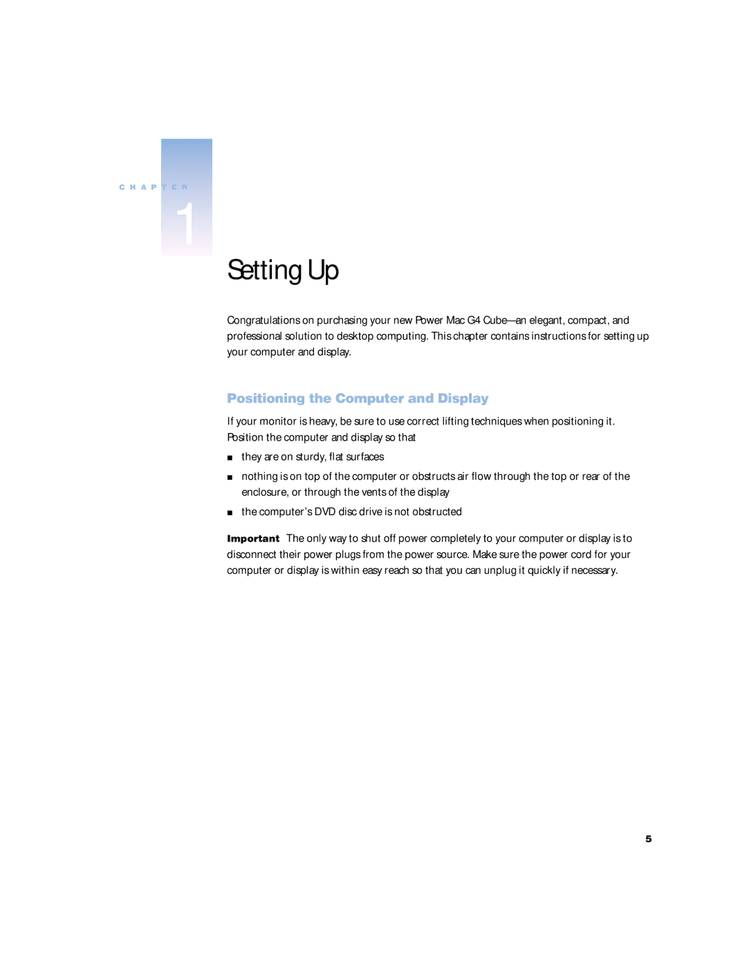 Apple G4 manual Setting Up, Positioning the Computer and Display 