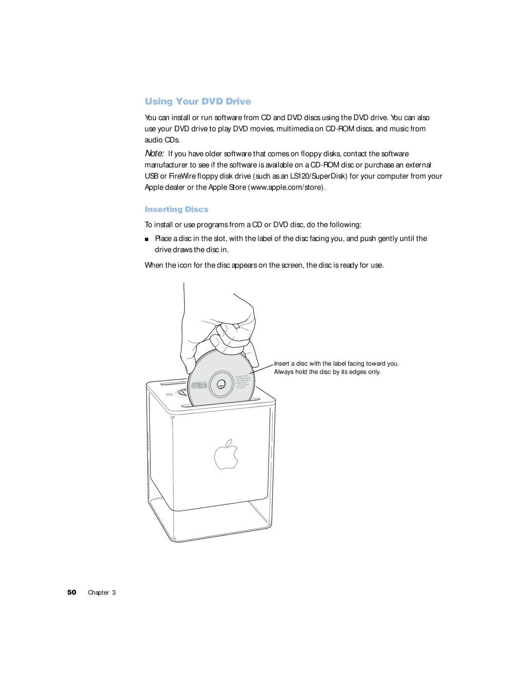 Apple G4 manual Using Your DVD Drive, Inserting Discs 