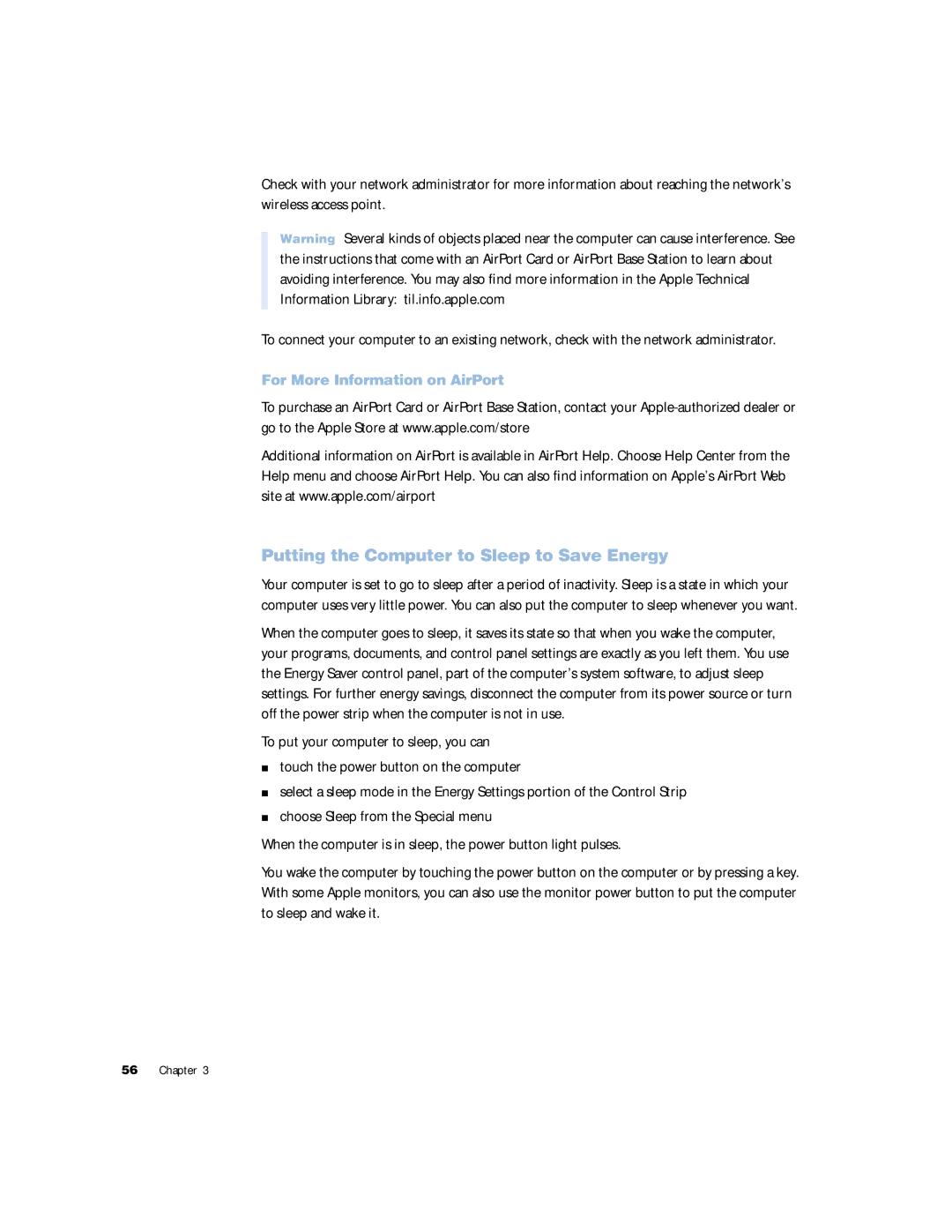 Apple G4 manual Putting the Computer to Sleep to Save Energy, For More Information on AirPort 