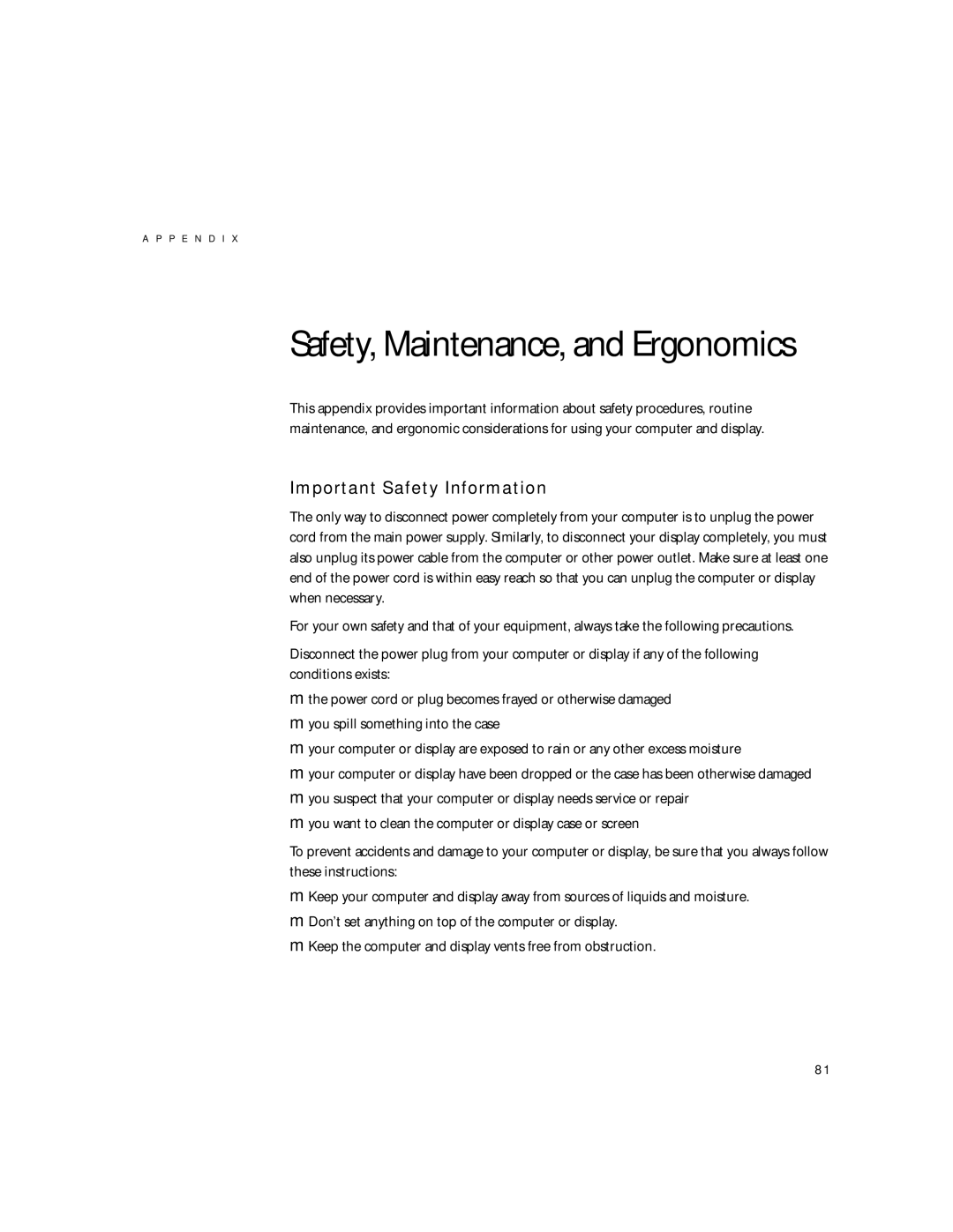 Apple G4 manual Safety, Maintenance, and Ergonomics, Important Safety Information 