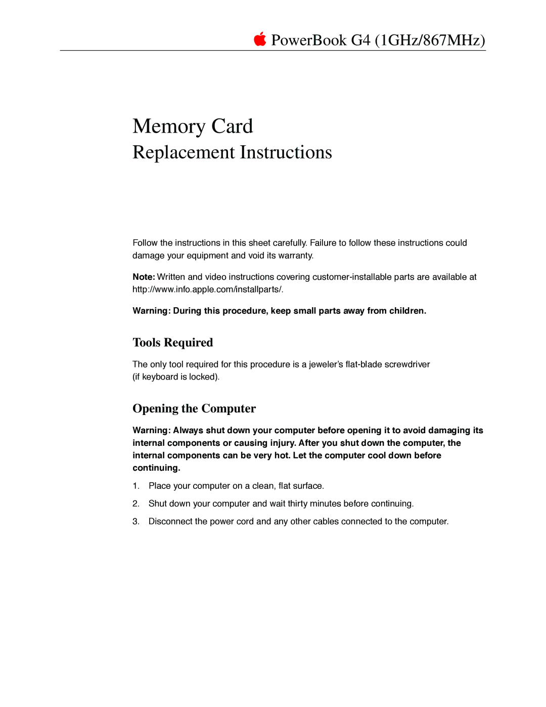 Apple G4 manual Memory Card, Opening the Computer 