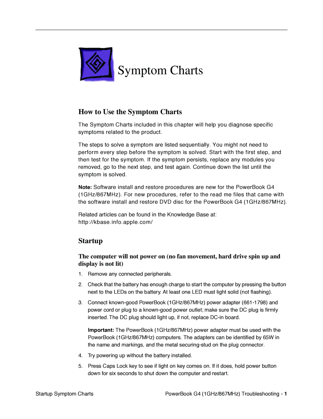 Apple G4 manual How to Use the Symptom Charts, Startup 