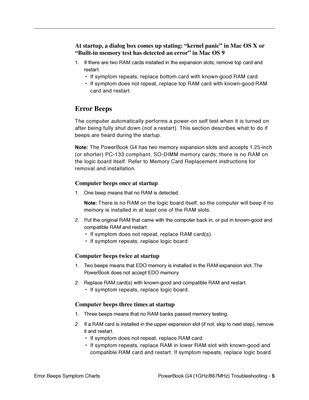 Apple G4 manual Error Beeps, Computer beeps once at startup, Computer beeps twice at startup 