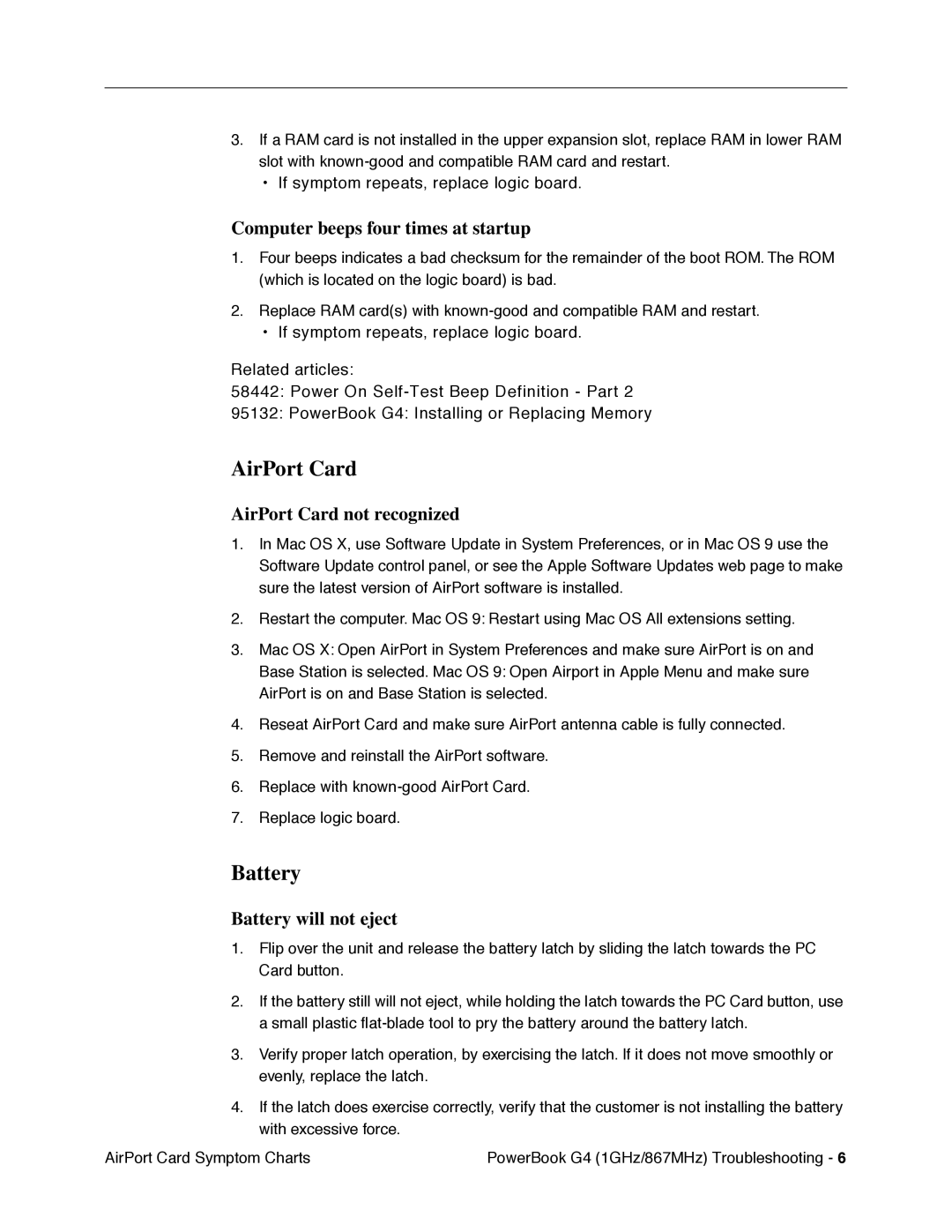 Apple G4 manual Computer beeps four times at startup, AirPort Card not recognized, Battery will not eject 