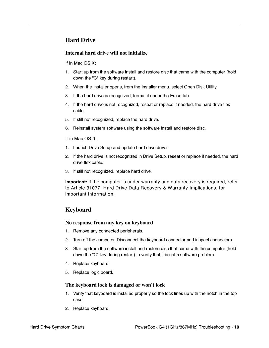 Apple G4 manual Hard Drive, Keyboard, Internal hard drive will not initialize, No response from any key on keyboard 