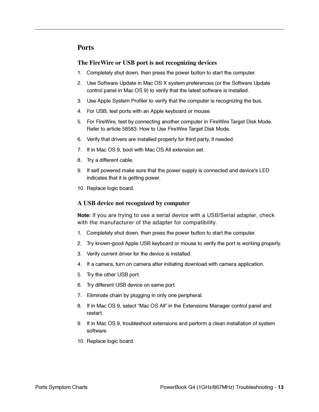 Apple G4 manual Ports, FireWire or USB port is not recognizing devices, USB device not recognized by computer 