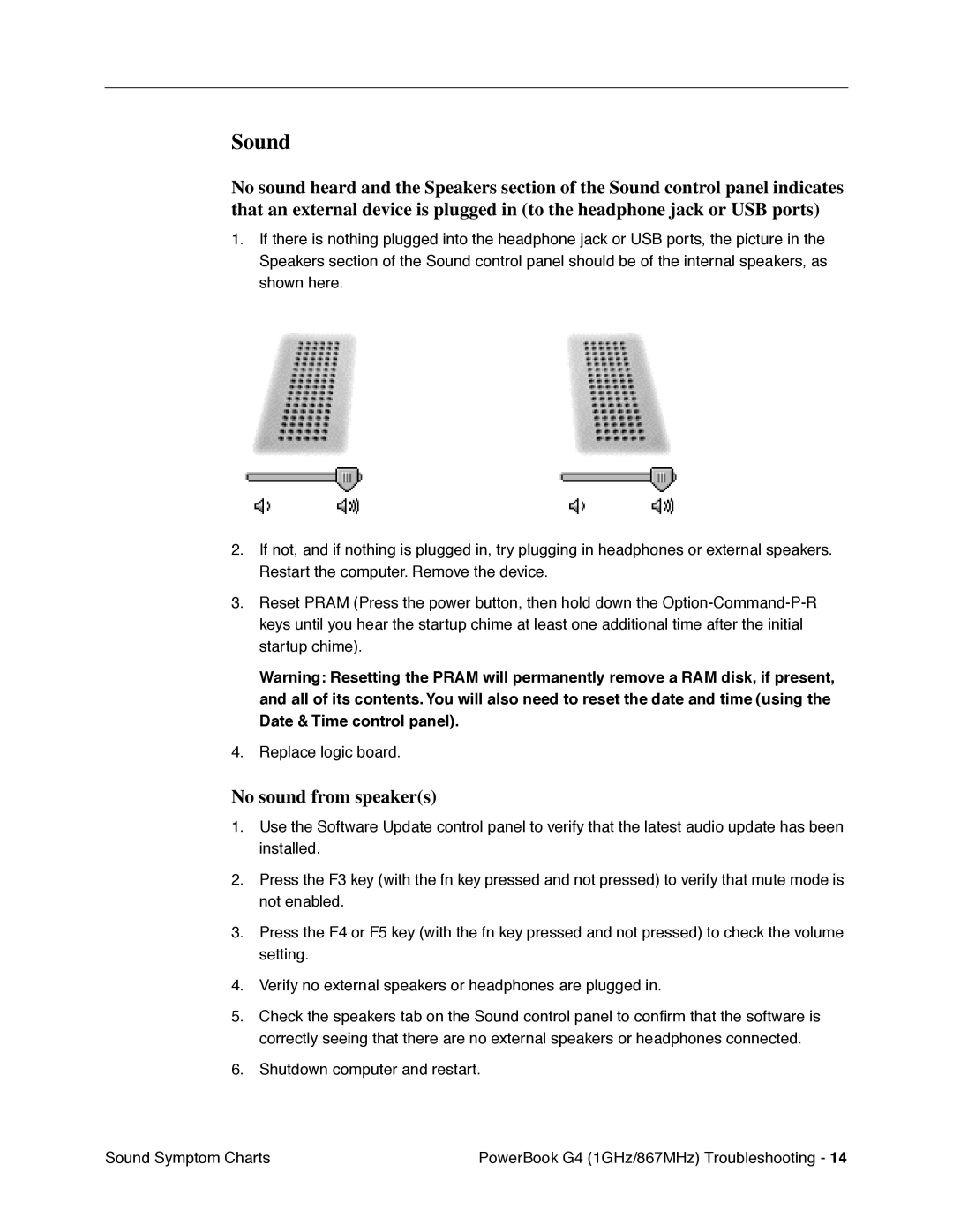 Apple G4 manual Sound, No sound from speakers 