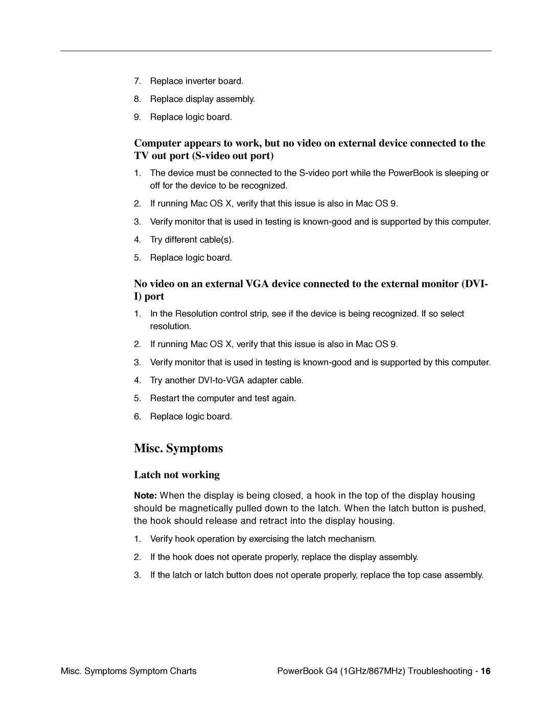 Apple G4 manual Misc. Symptoms, Latch not working 
