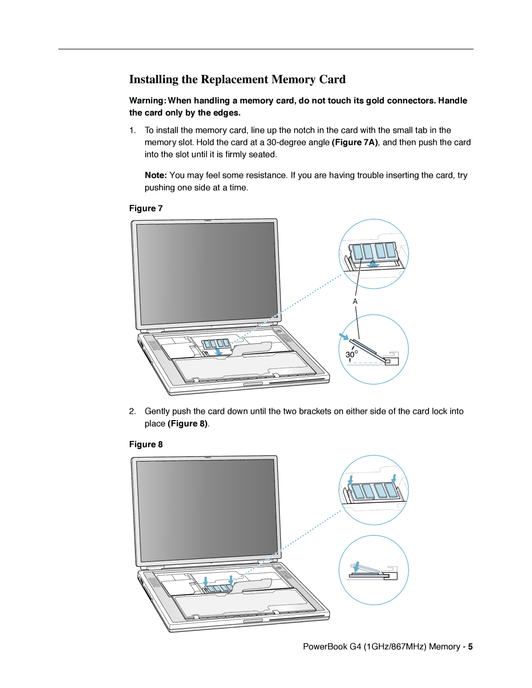 Apple G4 manual Installing the Replacement Memory Card 