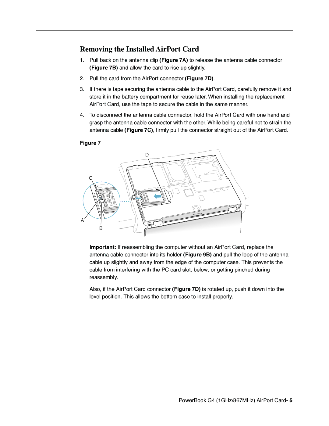 Apple G4 manual Removing the Installed AirPort Card 