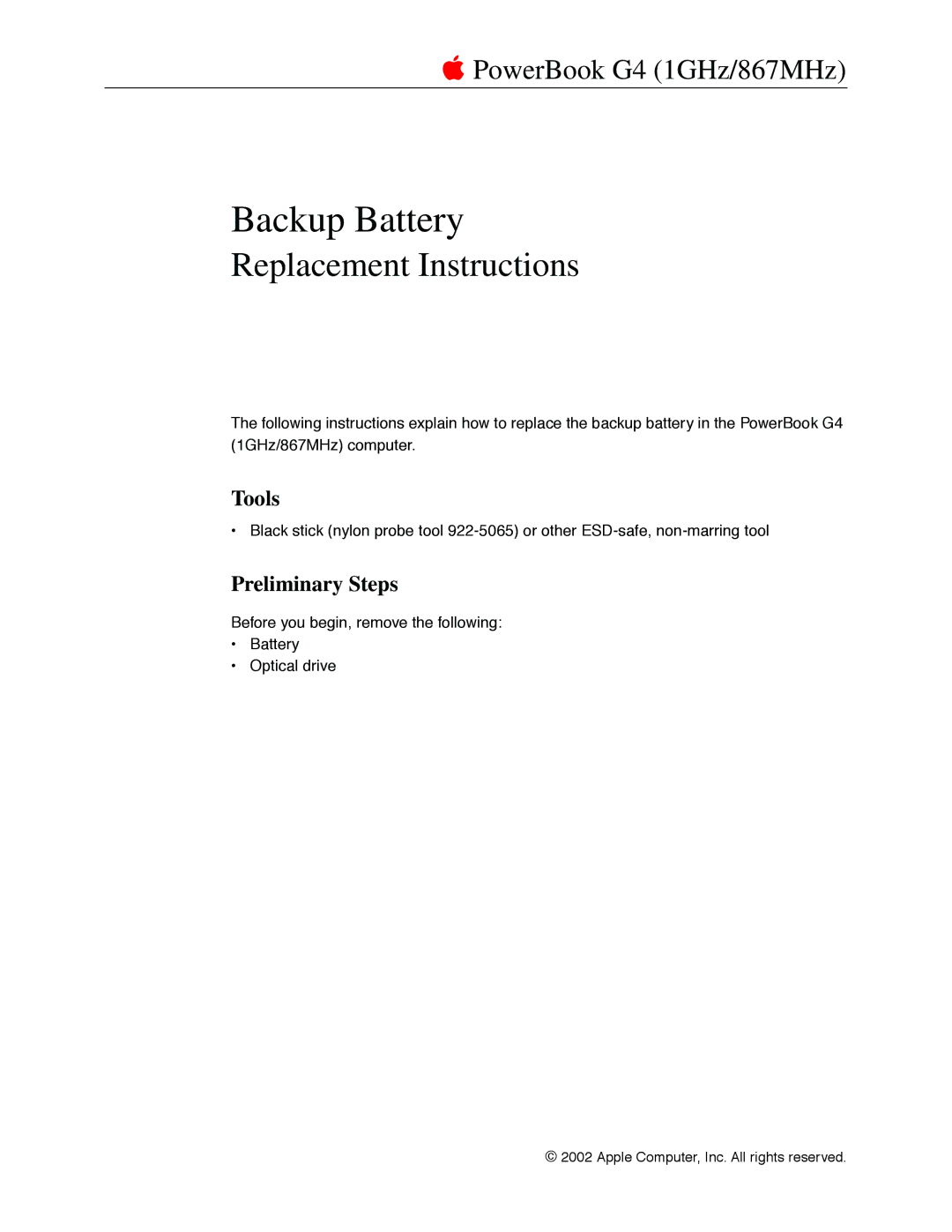 Apple G4 manual Backup Battery, Tools 