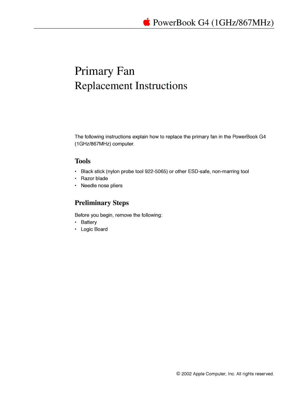 Apple G4 manual Primary Fan, Tools 