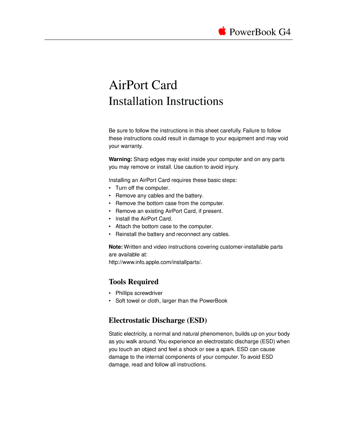 Apple G4 installation instructions Tools Required, Electrostatic Discharge ESD 