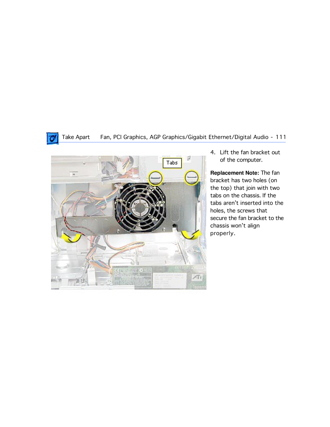 Apple G4 manual Replacement Note The fan 