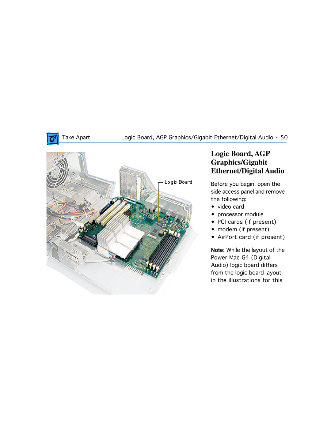 Apple G4 manual Logic Board, AGP Graphics/Gigabit Ethernet/Digital Audio 