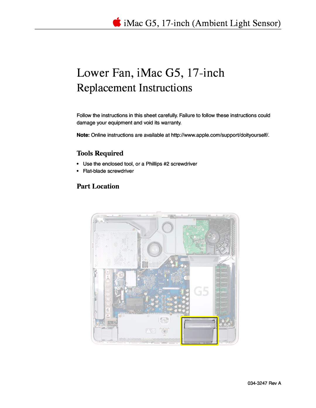 Apple G5 warranty Tools Required, Part Location, Use the enclosed tool, or a Phillips #2 screwdriver, Rev A 