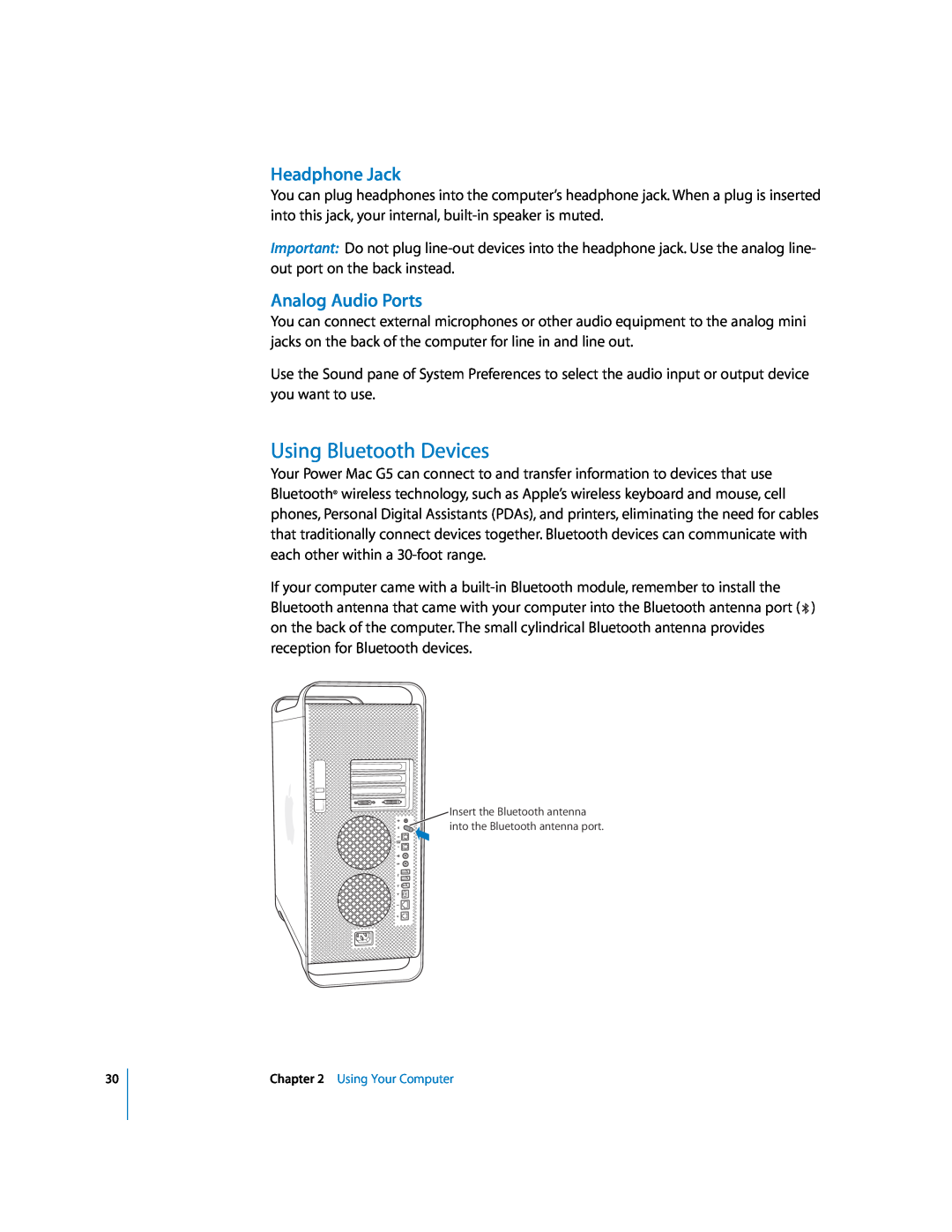 Apple G5 manual Using Bluetooth Devices, Headphone Jack, Analog Audio Ports 