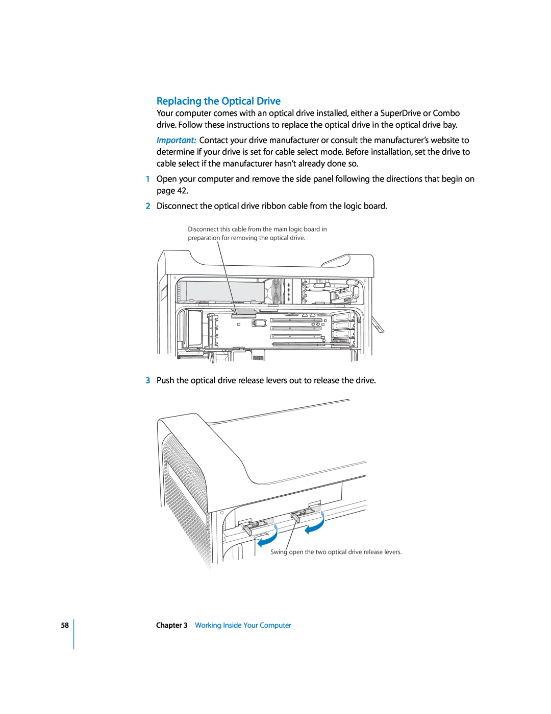 Apple G5 manual Replacing the Optical Drive, Swing open the two optical drive release levers 