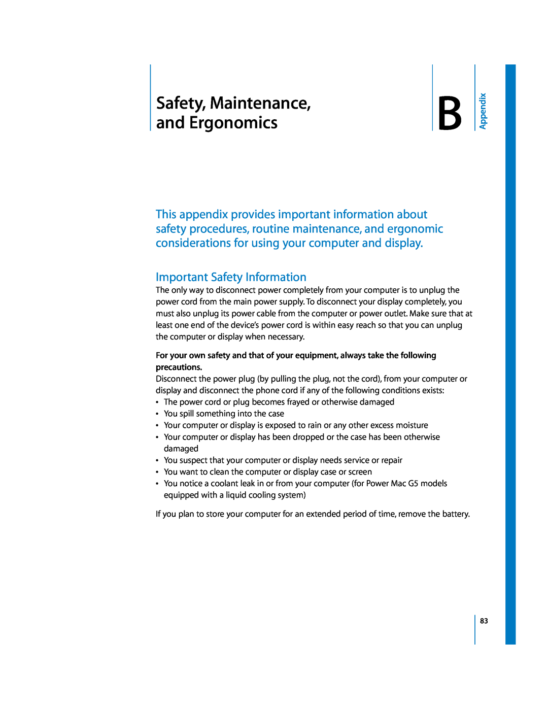 Apple G5 manual and Ergonomics, BSafety, Maintenance, Important Safety Information, Appendix 