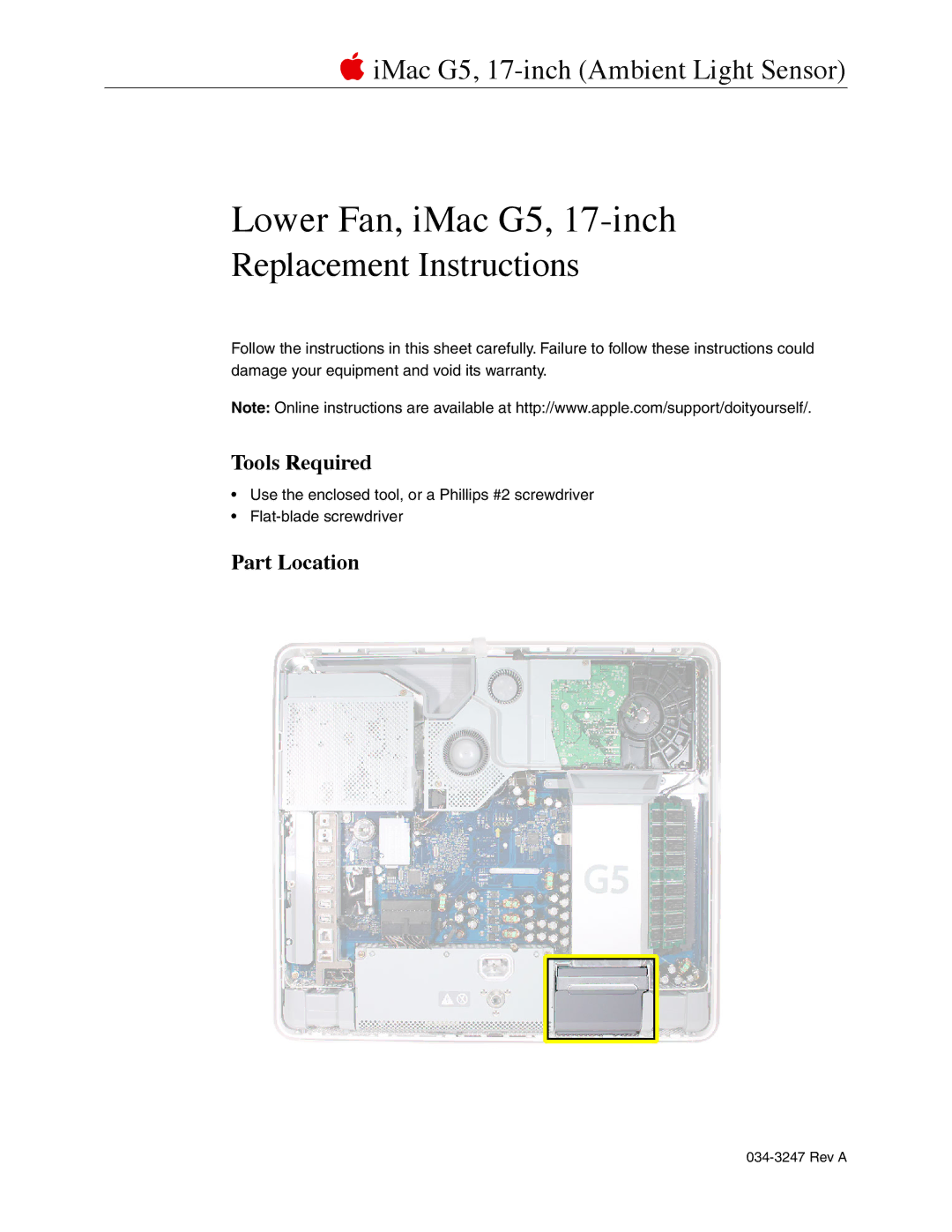 Apple G5 warranty Tools Required, Part Location 