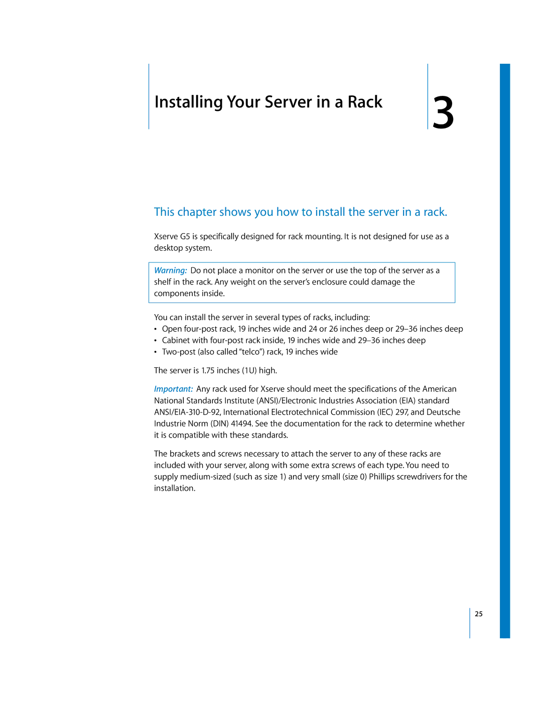 Apple G5 specifications Installing Your Server in a Rack, This chapter shows you how to install the server in a rack 