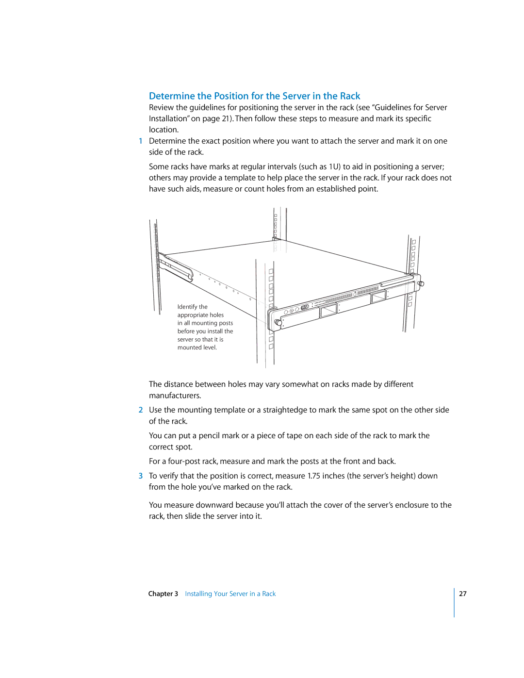 Apple G5 specifications Determine the Position for the Server in the Rack 